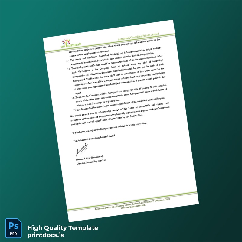 Printable India Antarmanh Consulting Private Limited Salary Certificate Template in Word and PDF formats page 3 Image Preview - PrintDocs