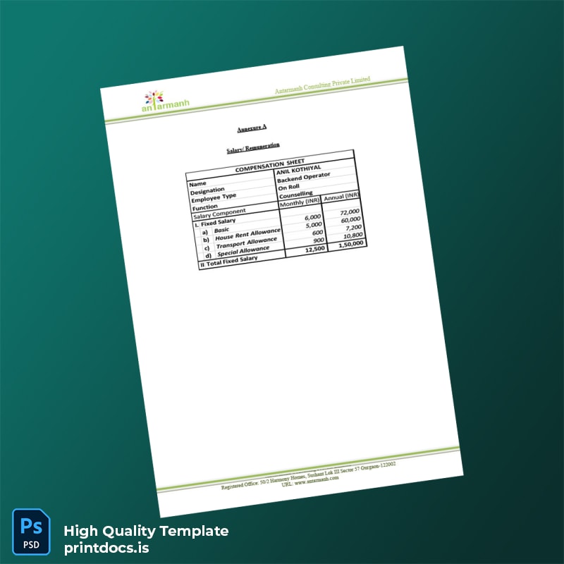 Printable India Antarmanh Consulting Private Limited Salary Certificate Template in Word and PDF formats page 4 Image Preview - PrintDocs