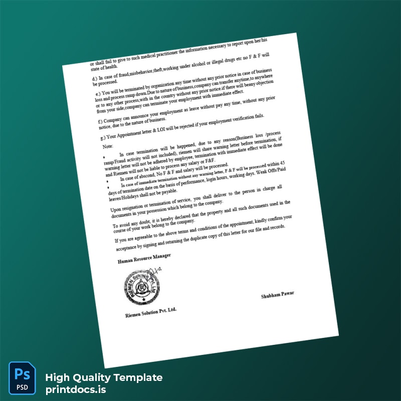 Printable India Appointment Letter Template in Word and PDF formats page 3 Image Preview - PrintDocs