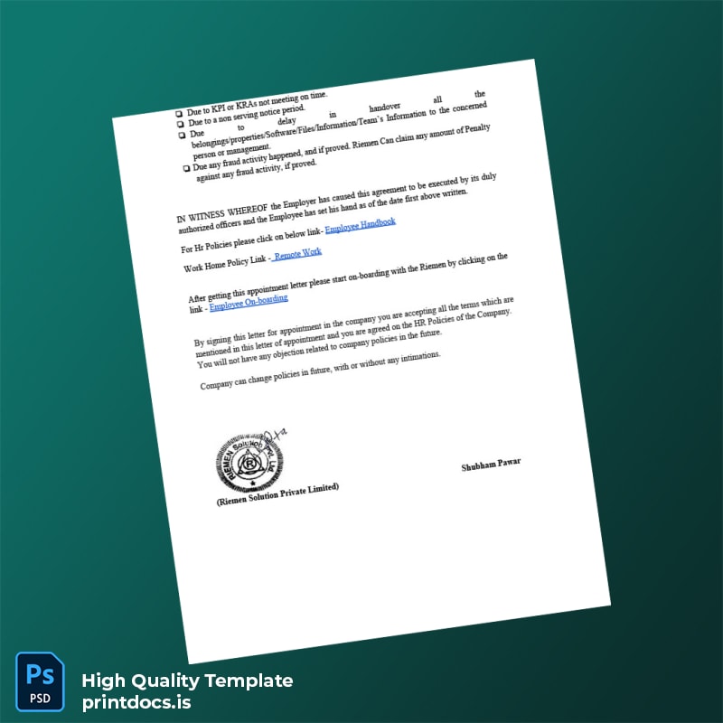 Printable India Appointment Letter Template in Word and PDF formats page 6 Image Preview - PrintDocs