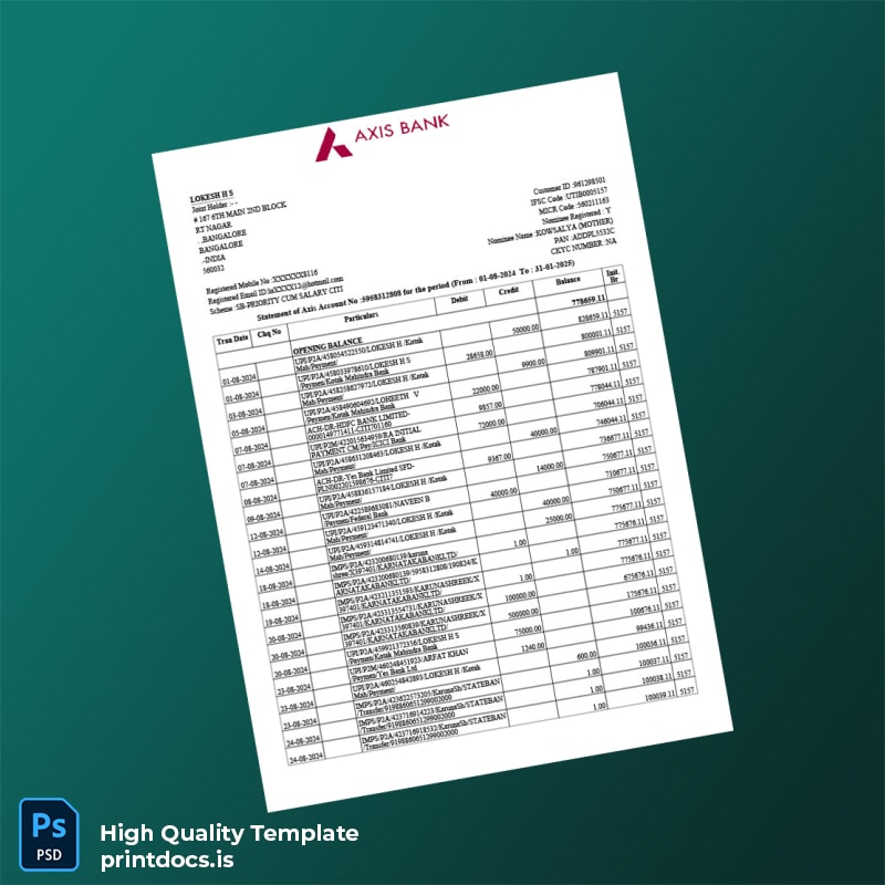 India Axis Bank Account Statement Template in Word and PDF formats