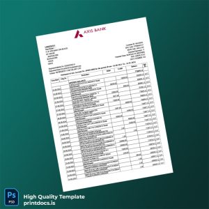 India Axis Bank Account Statement Template in Word and PDF formats