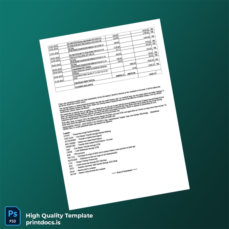 India Axis Bank Account Statement Template in Word and PDF formats page 6