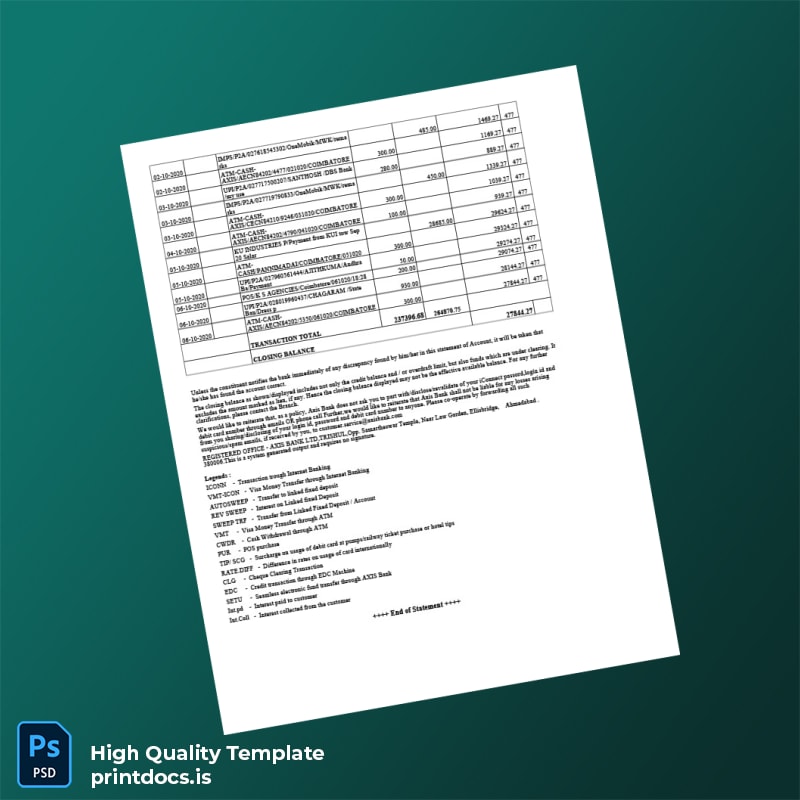 India Axis Bank Statement Template in Word and PDF formats page 6