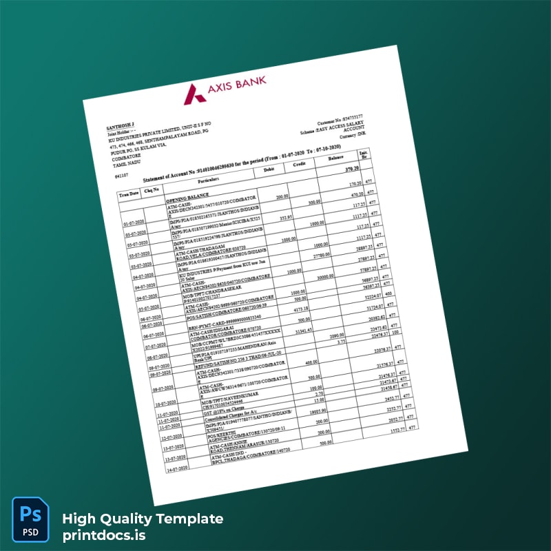 India Axis Bank Statement Template in Word and PDF formats