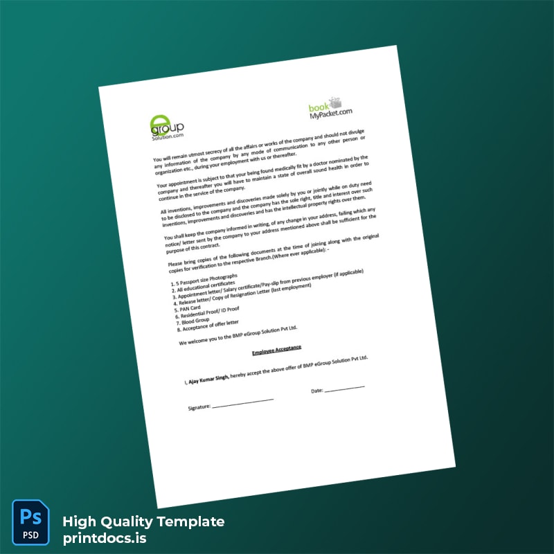 Printable India BMP eGroup Solution Pvt Ltd Employment Verification Letter Template in Word and PDF formats page 2 Image Preview - PrintDocs