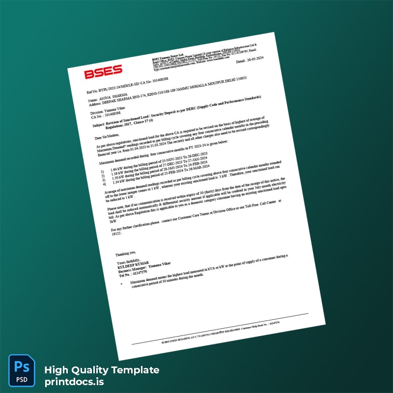 India BSES Yamuna Power Ltd Editable Utility Bill Template in Word and PDF formats page 2