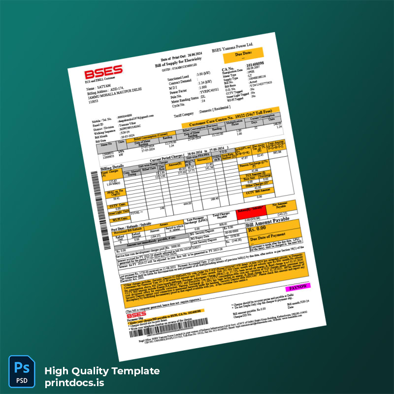 India BSES Yamuna Power Ltd Editable Utility Bill Template in Word and PDF formats