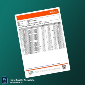 India Bank of Baroda Bank Statement Template in Word and PDF formats
