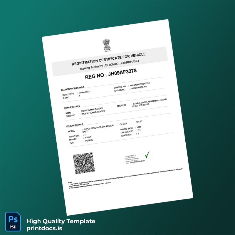 Printable India Bokaro Registration Certificate Template (Word & PDF) Image Preview - PrintDocs