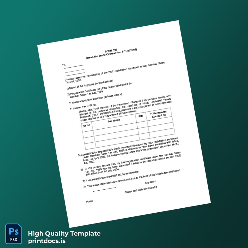 Printable India Bombay Sales Tax Department Registration Certificate Template (Word & PDF) Image Preview