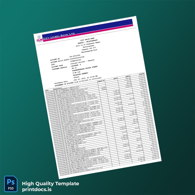 India City Union Bank Editable Bank Statement Template in Word and PDF formats
