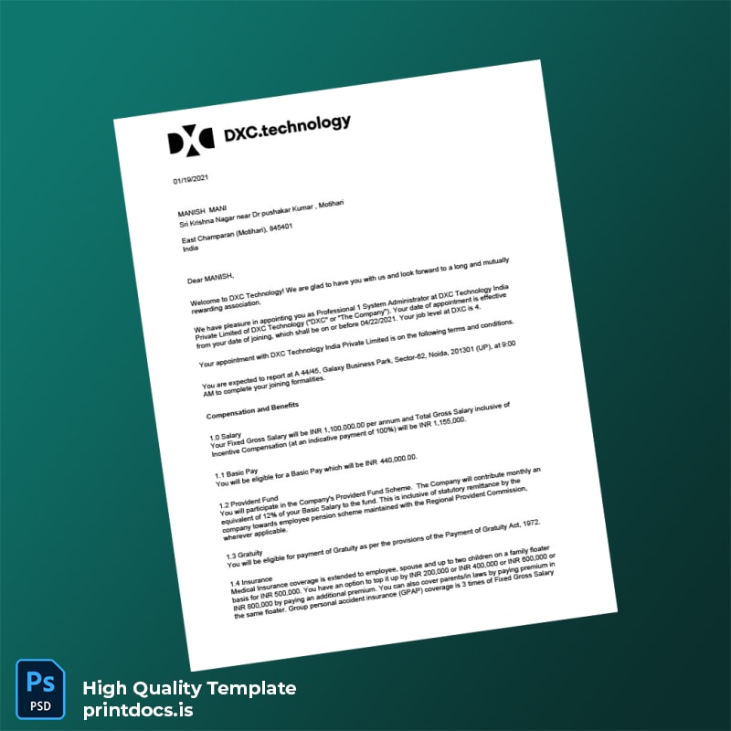 Printable India DXC Technology Employment Verification Letter Template in Word and PDF formats page 2 Image Preview - PrintDocs