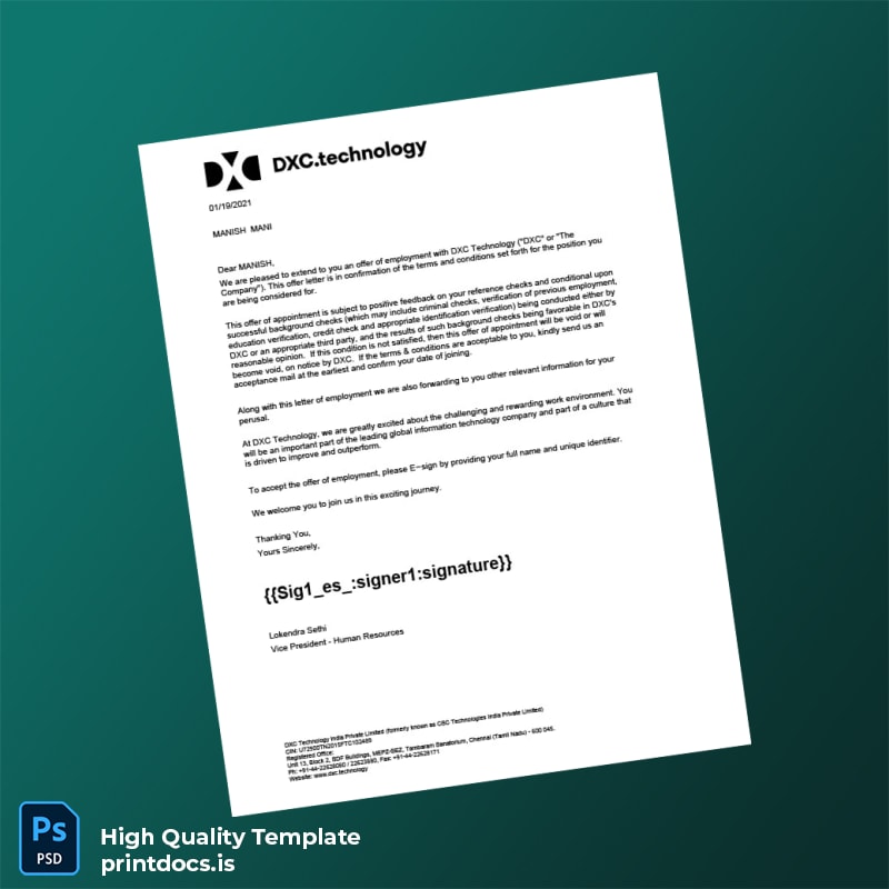 Printable India DXC Technology Employment Verification Letter Template (Word & PDF) Image Preview - PrintDocs