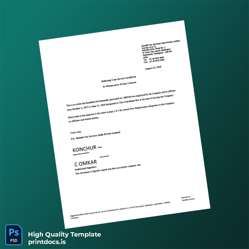 Printable India Deloitte Employment Verification Letter Template (Word & PDF) Image Preview - PrintDocs