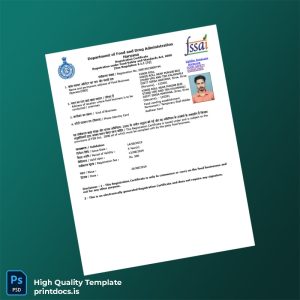 Printable India Department of Food and Drug Administration FSSAI Registration Certificate Template (Word & PDF) Image Preview