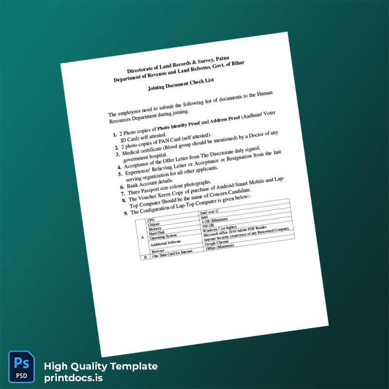 Printable India Directorate of Land Records Survey Employment Verification Letter Template in Word and PDF formats page 2 Image Preview - PrintDocs