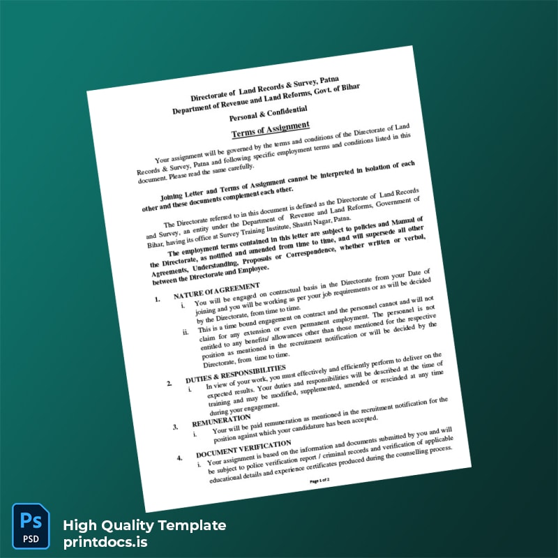 Printable India Directorate of Land Records Survey Employment Verification Letter Template in Word and PDF formats page 3 Image Preview - PrintDocs