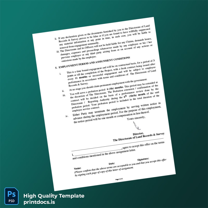 Printable India Directorate of Land Records Survey Employment Verification Letter Template in Word and PDF formats page 4 Image Preview - PrintDocs