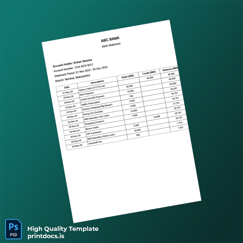 India Dummy Bank Statement Template in Word and PDF formats