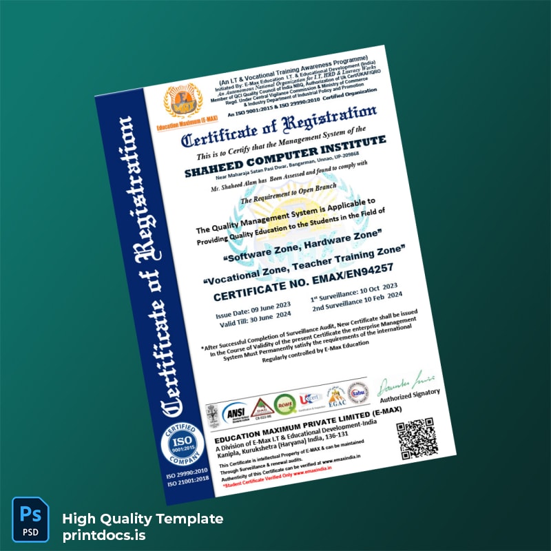 Printable India E-Max Education Certificate of Registration Template (Word & PDF) Image Preview