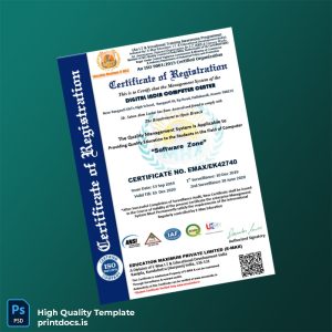 Printable India E-Max Education Registration Certificate Template (Word & PDF) Image Preview