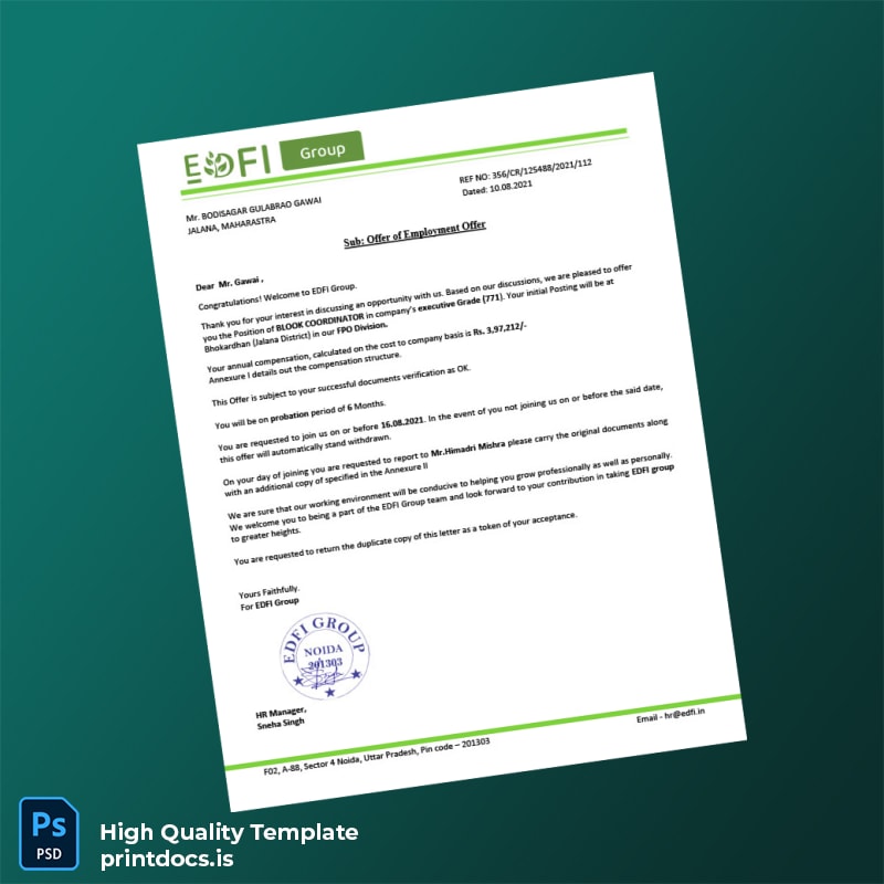 Printable India EDFI Group Employment Verification Letter Template (Word & PDF) Image Preview - PrintDocs