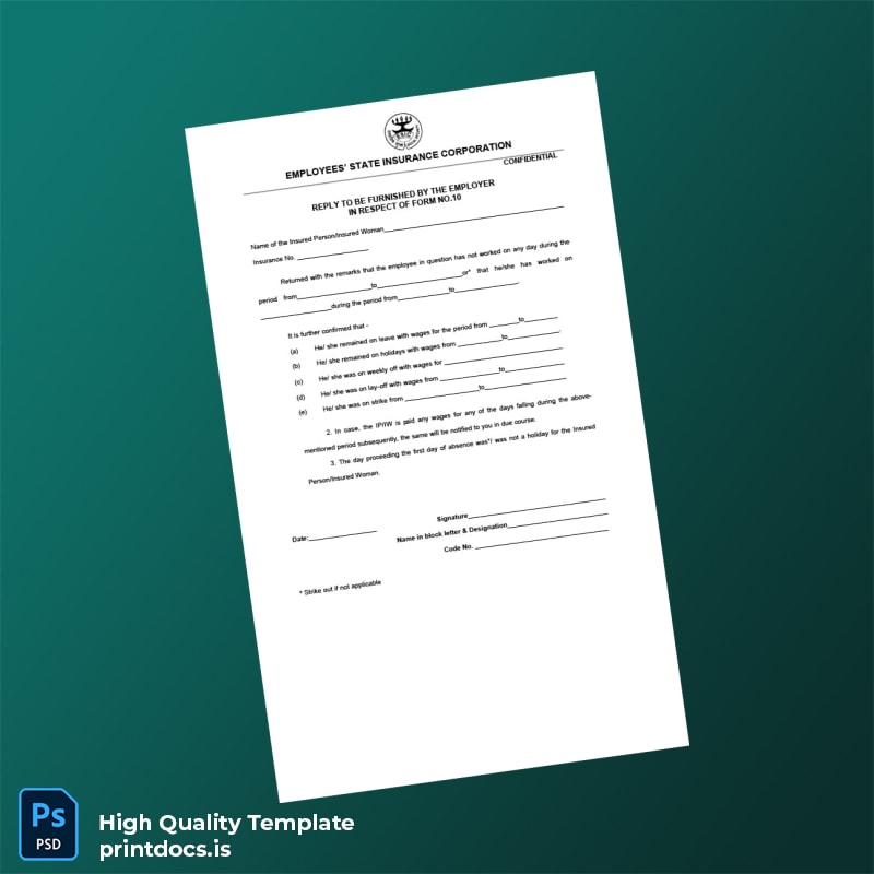 Printable India Employees State Insurance Corporation Employment Verification Letter Template in Word and PDF formats page 2 Image Preview - PrintDocs