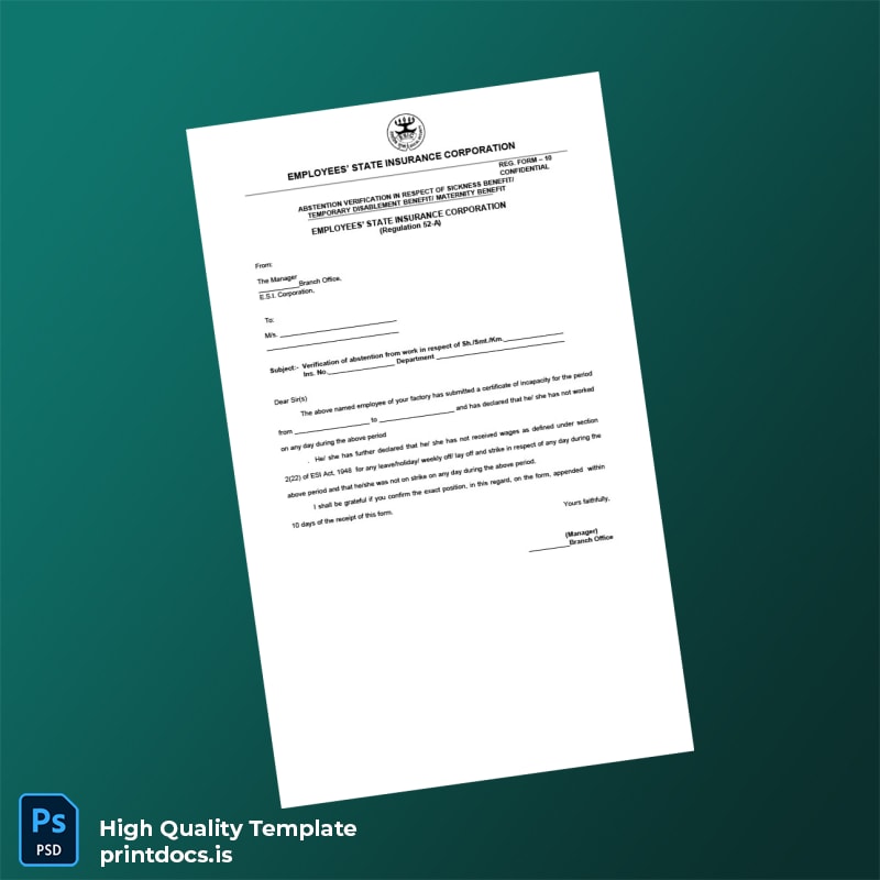 Printable India Employees State Insurance Corporation Employment Verification Letter Template (Word & PDF) Image Preview - PrintDocs