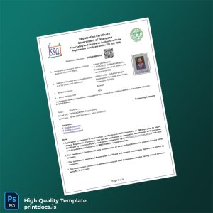 Printable India FSSAI Registration Certificate Template (Word & PDF) Image Preview