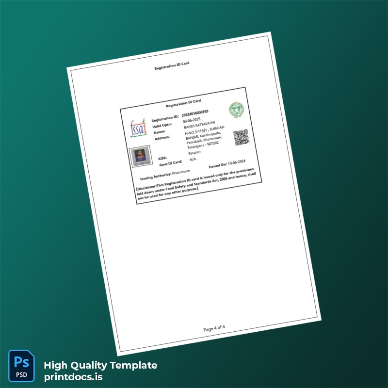 Printable India FSSAI Registration Certificate Template in Word and PDF formats page 4 Image Preview