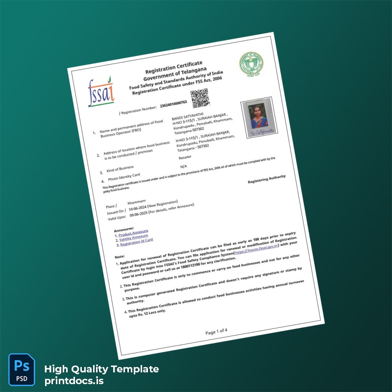 Printable India FSSAI Registration Certificate Template (Word & PDF) Image Preview