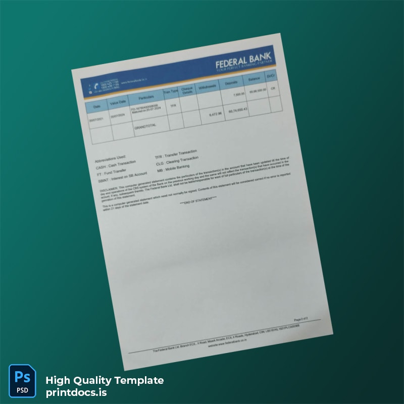 India Federal Bank Bank Statement Template in Word and PDF formats page 2