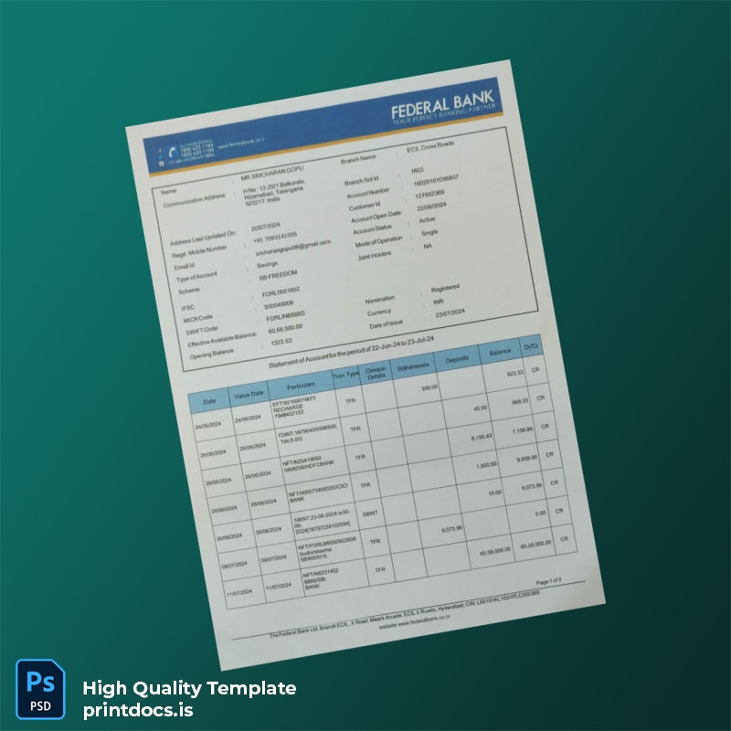 India Federal Bank Bank Statement Template in Word and PDF formats