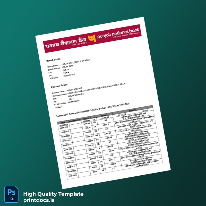 India GULAB Bank Statement Template in Word and PDF formats