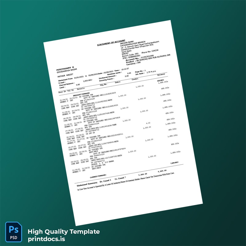 India Government Of Tamilnadu Bank Statement Template in Word and PDF formats