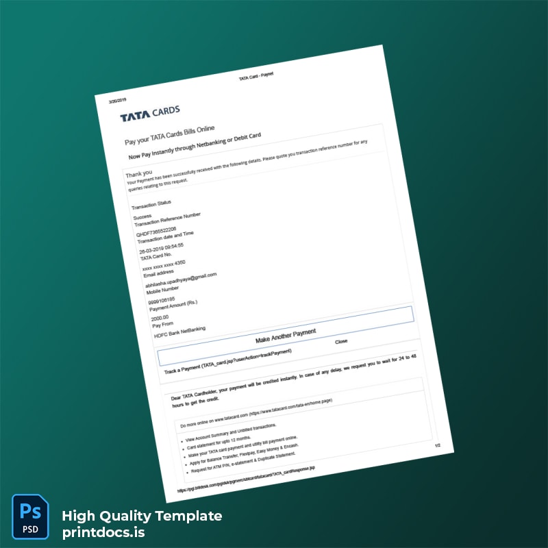 India HDFC Bank Editable Payment Confirmation Template in Word and PDF formats