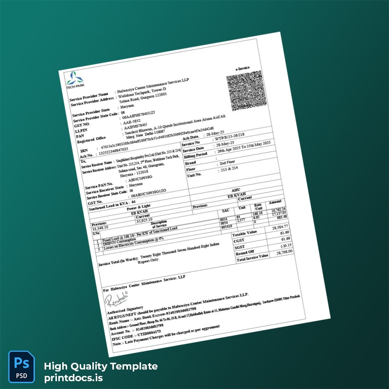 India Halwasiya Center Maintenance Services LLP Editable Electricity Bill Template in Word and PDF formats