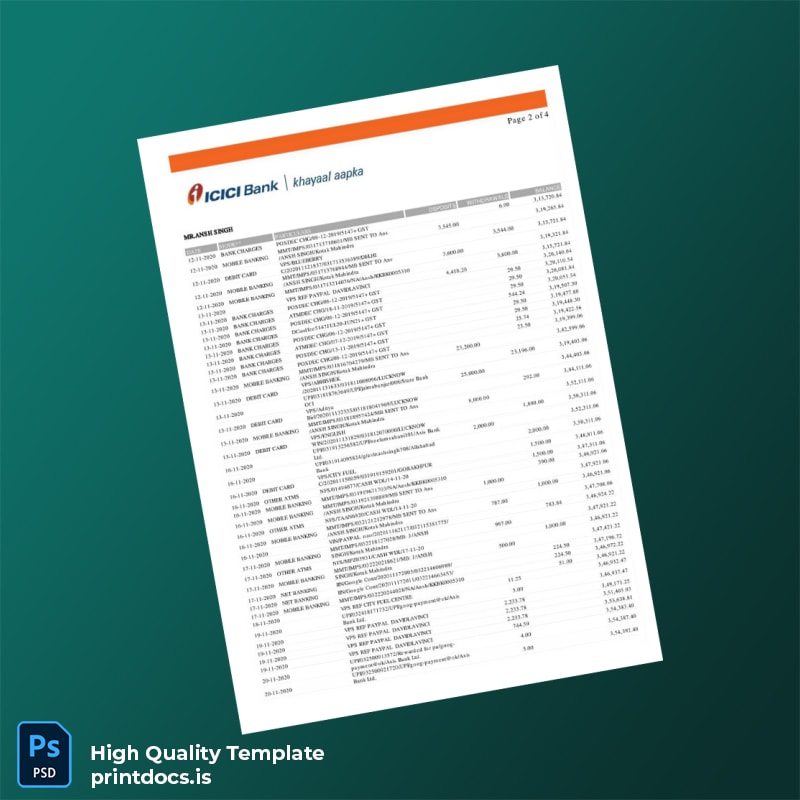 India ICRI Bank Bank Statement Template in Word and PDF formats page 2