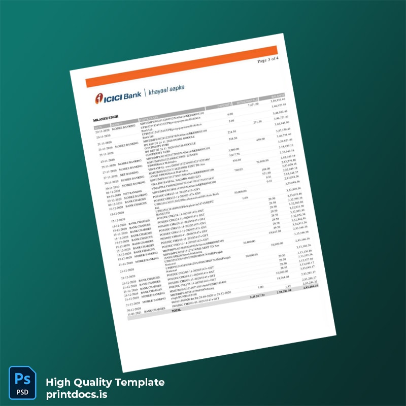 India ICRI Bank Bank Statement Template in Word and PDF formats page 3