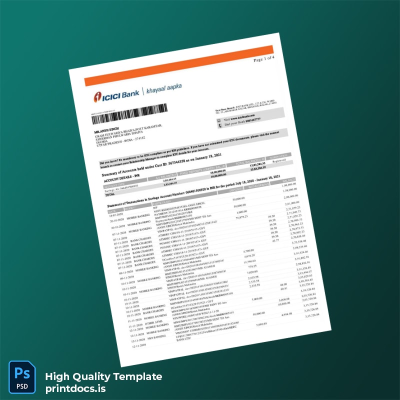 India ICRI Bank Bank Statement Template in Word and PDF formats