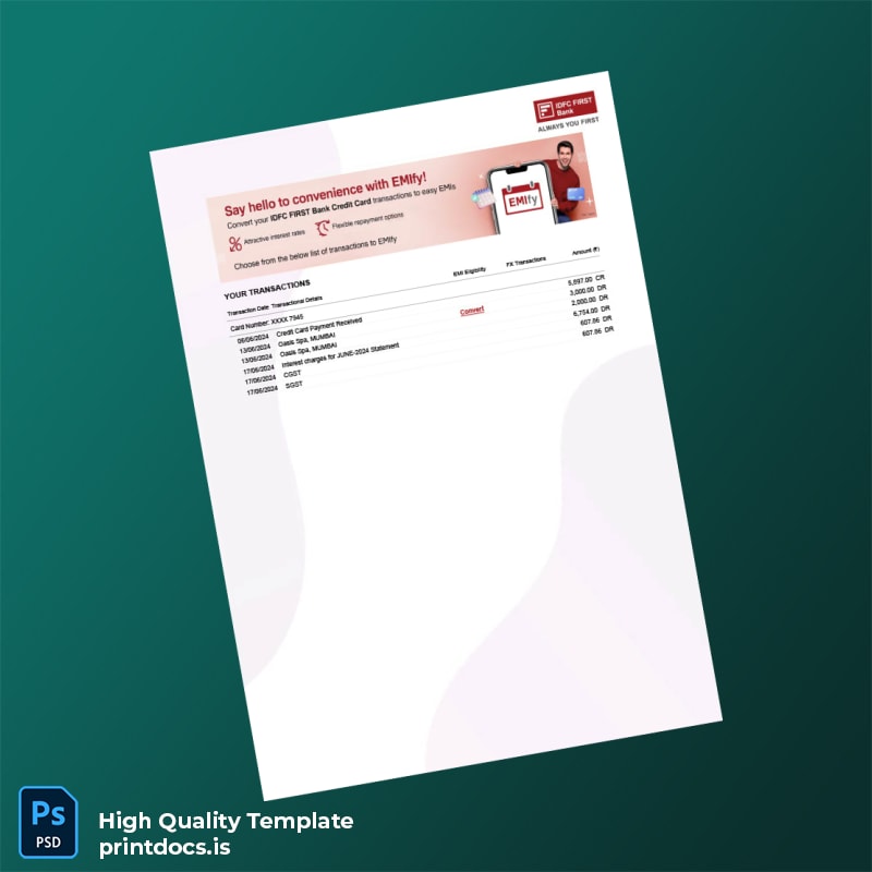 India IDFC FIRST Bank Editable Bank Statement Template in Word and PDF formats page 2