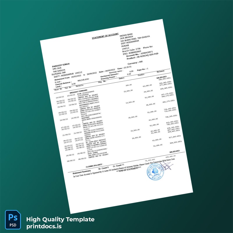 India Indian Bank Bank Statement Template in Word and PDF formats