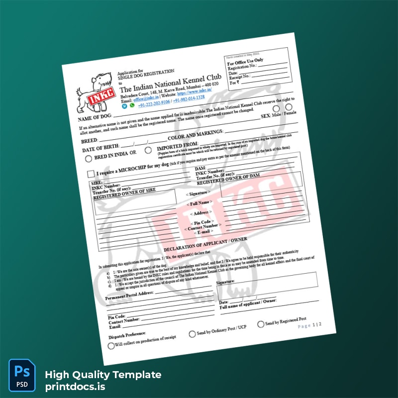 Printable India Indian National Kennel Club Single Dog Registration Form Template (Word & PDF) Image Preview - PrintDocs