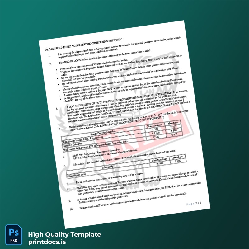 Printable India Indian National Kennel Club Single Dog Registration Form Template in Word and PDF formats page 2 Image Preview - PrintDocs