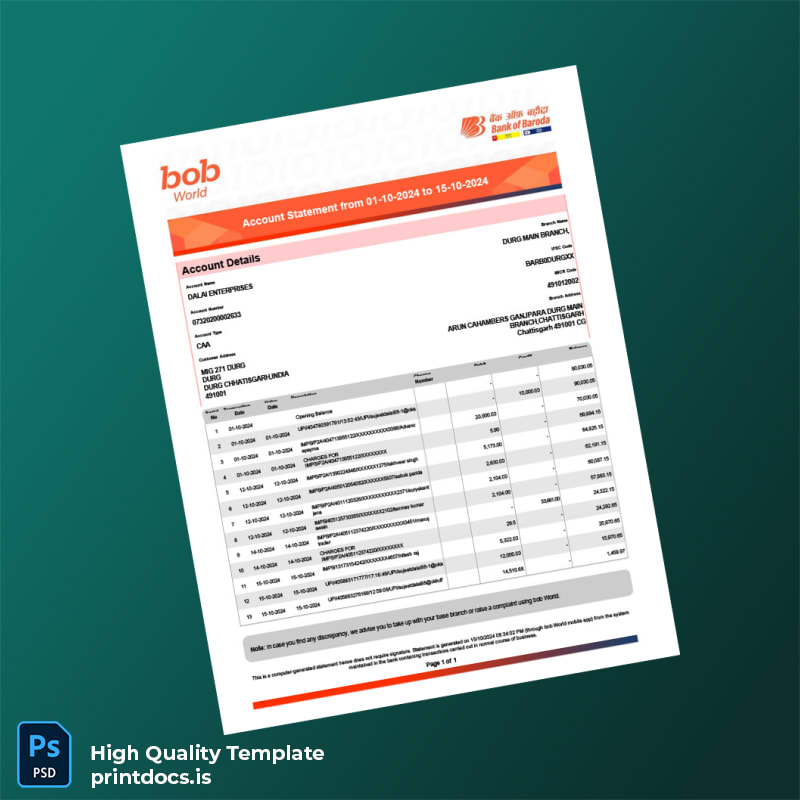 India JCB Bank Statement Template in Word and PDF formats