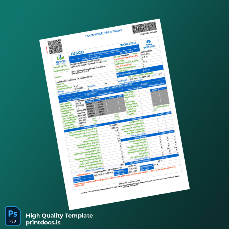 India JUSCO Editable Electricity Bill Template in Word and PDF formats