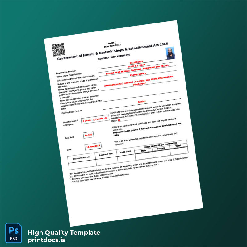Printable India Jammu Kashmir Shops Establishment Act Registration Certificate Template (Word & PDF) Image Preview - PrintDocs