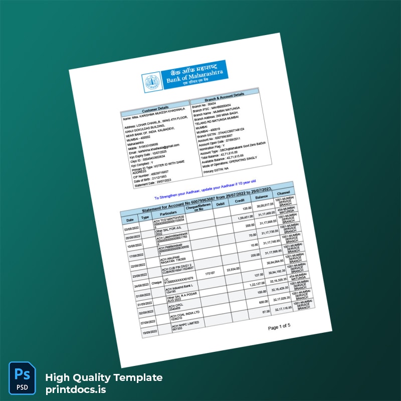 India KK Bank Statement Template in Word and PDF formats