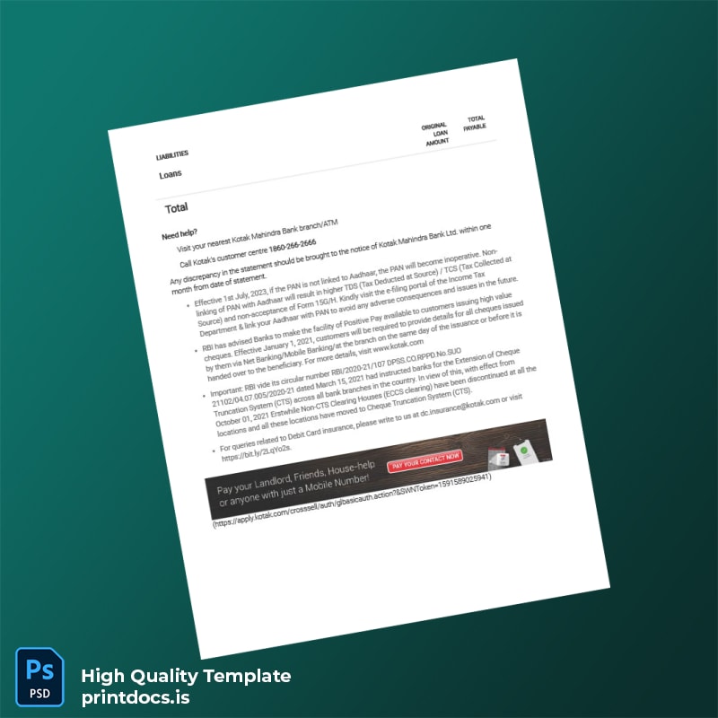 India Kotak Bank Statement Template in Word and PDF formats page 2